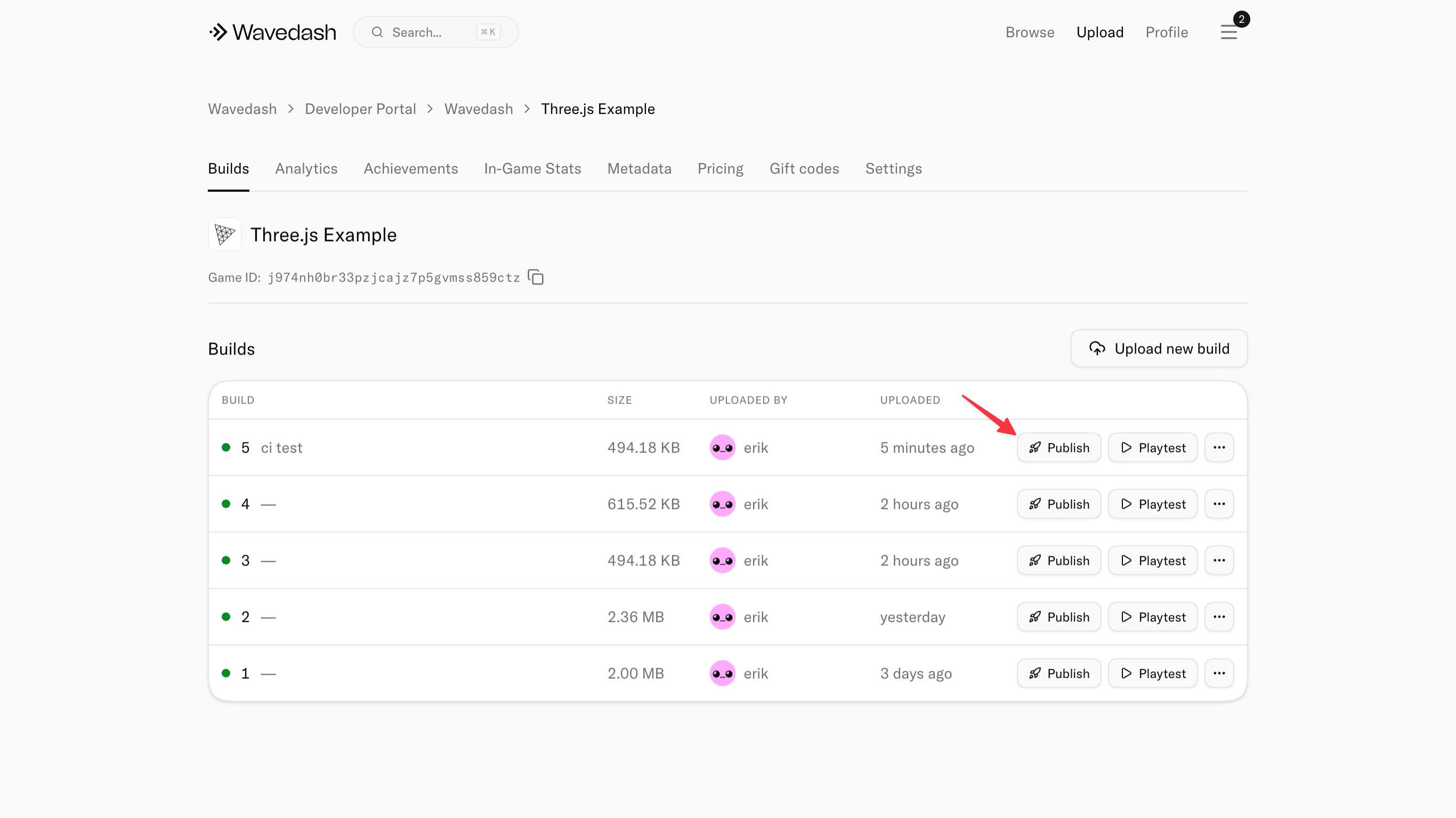 Builds list with the Publish button highlighted